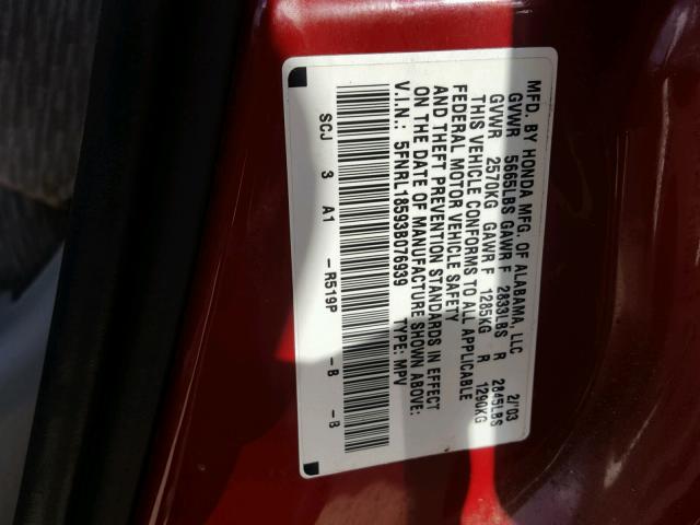 5FNRL18593B076939 - 2003 HONDA ODYSSEY LX RED photo 10