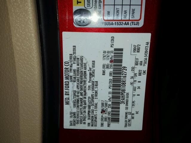 3FAHP08108R162739 - 2008 FORD FUSION SEL MAROON photo 10