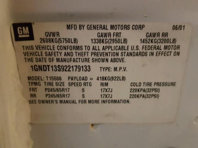 1GNDT13S922179133 - 2002 CHEVROLET TRAILBLAZE WHITE photo 10