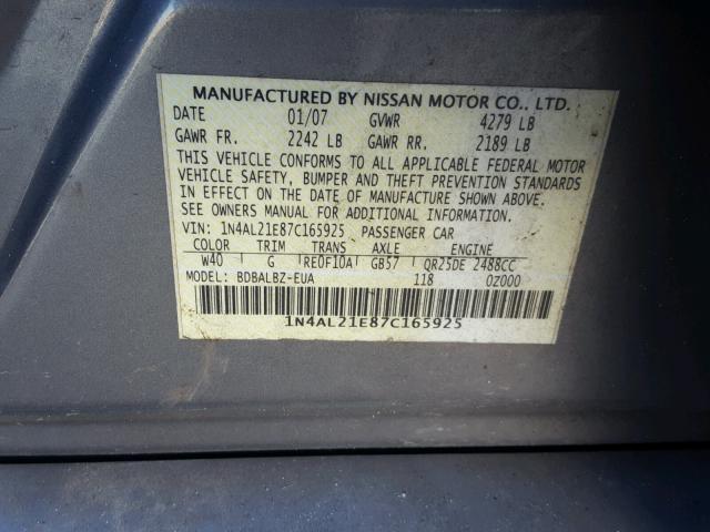 1N4AL21E87C165925 - 2007 NISSAN ALTIMA 2.5 GRAY photo 10