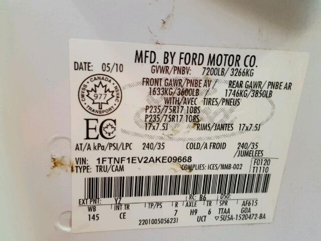 1FTNF1EV2AKE09668 - 2010 FORD F150 WHITE photo 10