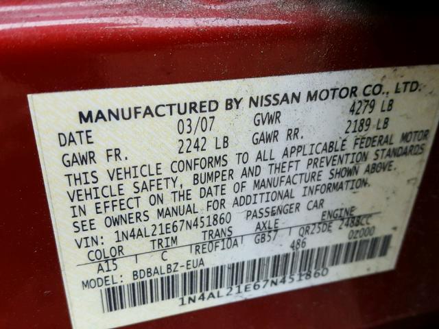 1N4AL21E67N451860 - 2007 NISSAN ALTIMA 2.5 RED photo 10