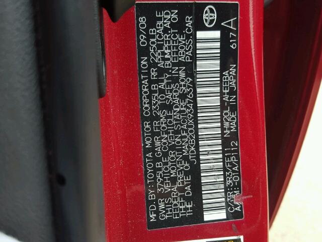 JTDKB20UX93476379 - 2009 TOYOTA PRIUS RED photo 10