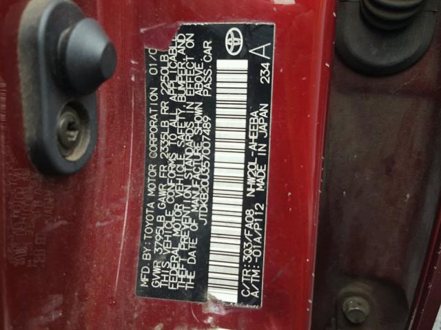 JTDKB20U357007489 - 2005 TOYOTA PRIUS RED photo 10