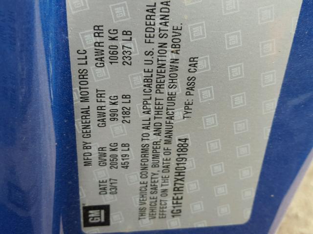 1G1FE1R7XH0191884 - 2017 CHEVROLET CAMARO SS Azul foto 10