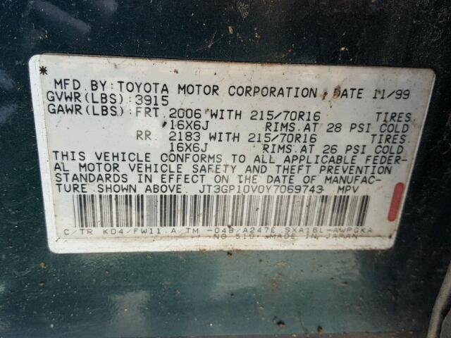 JT3GP10V0Y7069743 - 2000 TOYOTA RAV4 GREEN photo 10