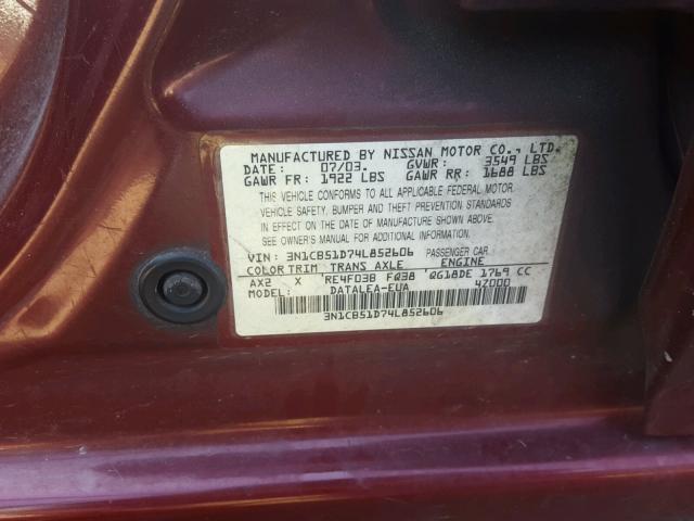 3N1CB51D74L852606 - 2004 NISSAN SENTRA 1.8 RED photo 10