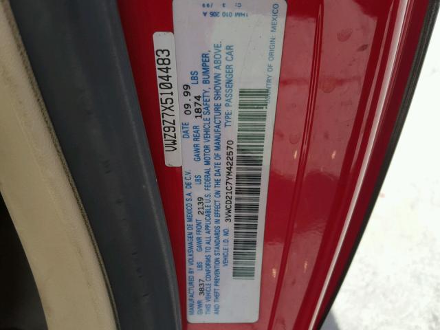 3VWCD21C7YM422570 - 2000 VOLKSWAGEN NEW BEETLE 红色 照片 10