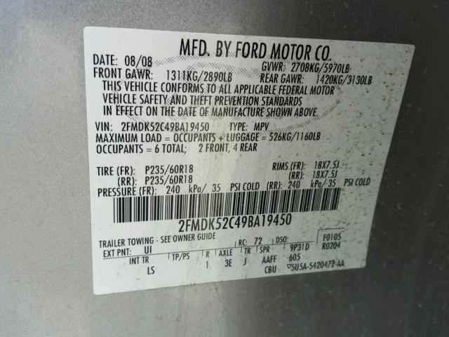 2FMDK52C49BA19450 - 2009 FORD FLEX SEL Արծաթագույն լուսանկար 10