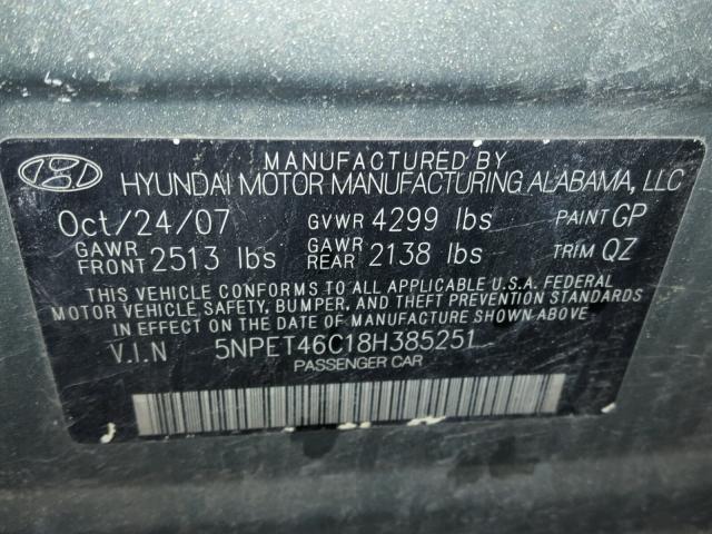 5NPET46C18H385251 - 2008 HYUNDAI SONATA GLS GREEN photo 10