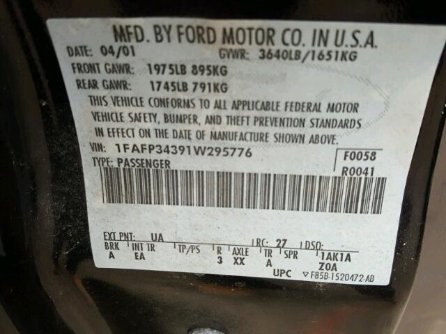 1FAFP34391W295776 - 2001 FORD FOCUS SE BLACK photo 10