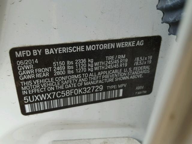 5UXWX7C58F0K32729 - 2015 BMW X3 XDRIVE3 WHITE photo 10