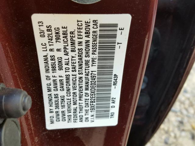 19XFB2E5XDE024971 - 2013 HONDA CIVIC LX BURGUNDY photo 10