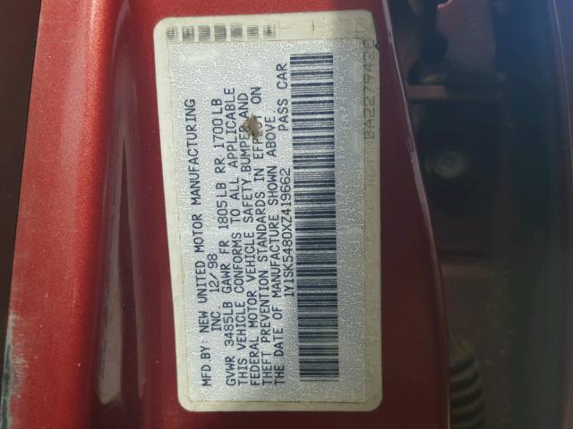 1Y1SK5480XZ419662 - 1999 CHEVROLET GEO PRIZM 勃艮第红 照片 10