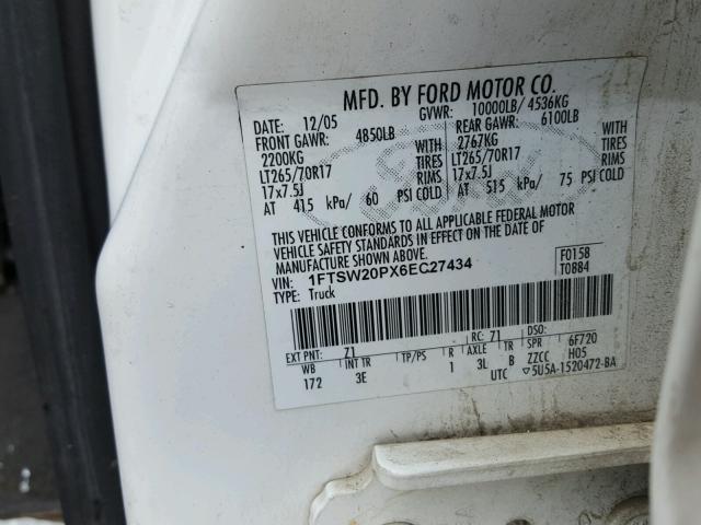 1FTSW20PX6EC27434 - 2006 FORD F250 SUPER WHITE photo 10