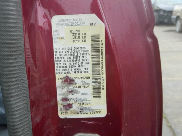 1N4EB32A2PC749789 - 1993 NISSAN SENTRA E MAROON photo 10