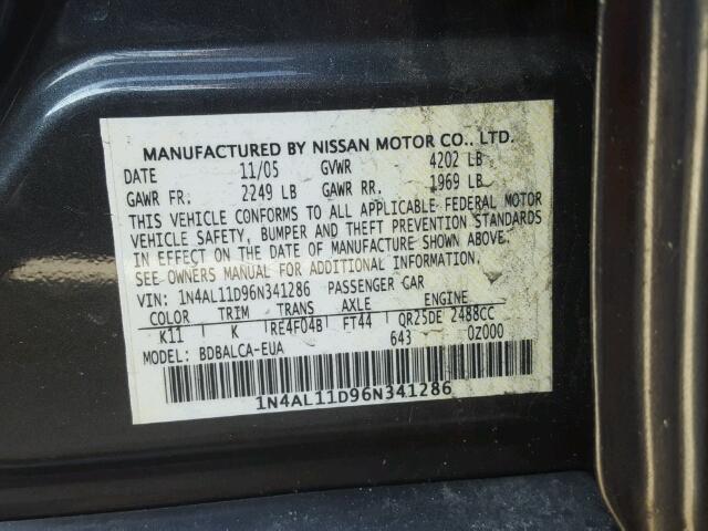 1N4AL11D96N341286 - 2006 NISSAN ALTIMA S GRAY photo 10