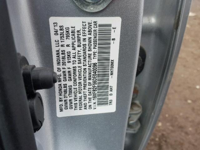 19XFB2F56DE040096 - 2013 HONDA CIVIC LX SILVER photo 10