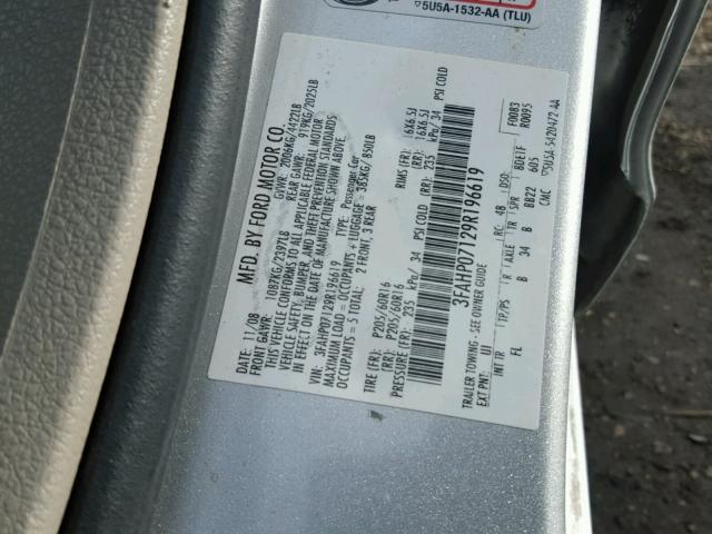 3FAHP07129R196619 - 2009 FORD FUSION SE SILVER photo 10