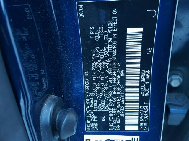 JTEGD21A650112245 - 2005 TOYOTA HIGHLANDER BLUE photo 10