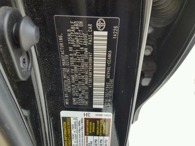 4T1BE46K19U408647 - 2009 TOYOTA CAMRY BASE BLACK photo 10