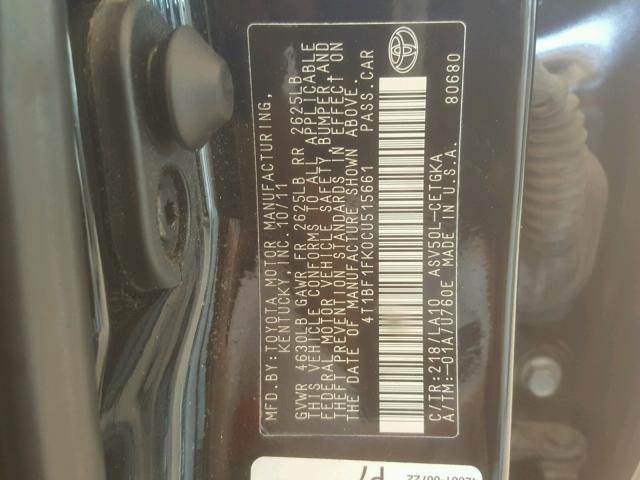 4T1BF1FK0CU515661 - 2012 TOYOTA CAMRY BASE BLACK photo 10