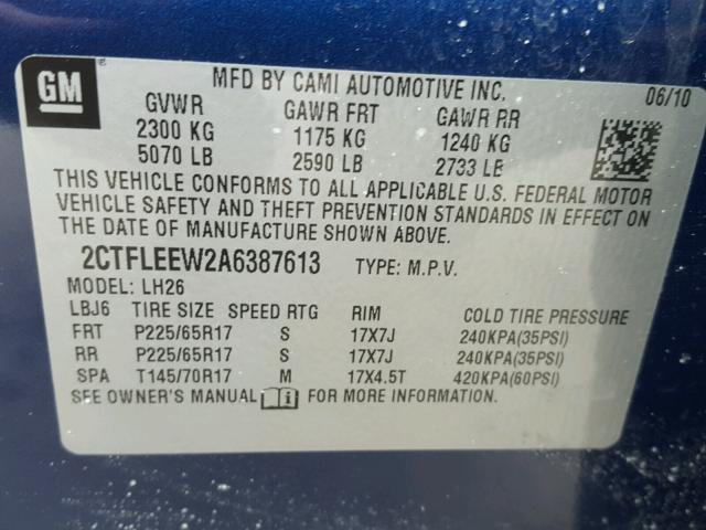 2CTFLEEW2A6387613 - 2010 GMC TERRAIN SL BLUE photo 10