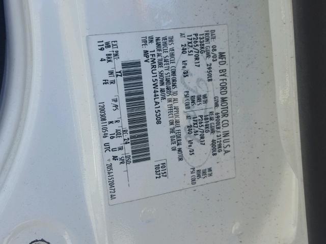 1FMRU15W44LA15308 - 2004 FORD EXPEDITION WHITE photo 10