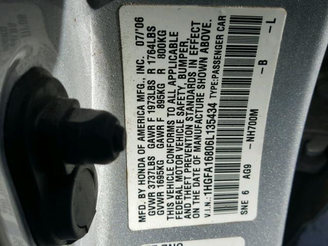 1HGFA16806L135434 - 2006 HONDA CIVIC EX ვერცხლისფერი ფოტო 10