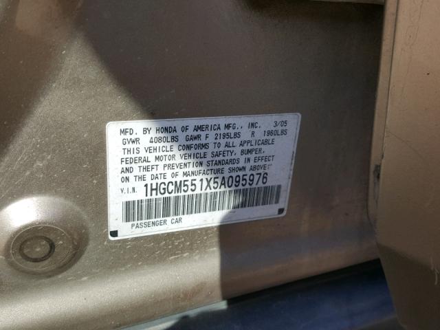 1HGCM551X5A095976 - 2005 HONDA ACCORD DX GOLD photo 10