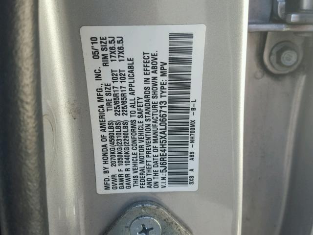 5J6RE4H5XAL066713 - 2010 HONDA CR-V EX SILVER photo 10