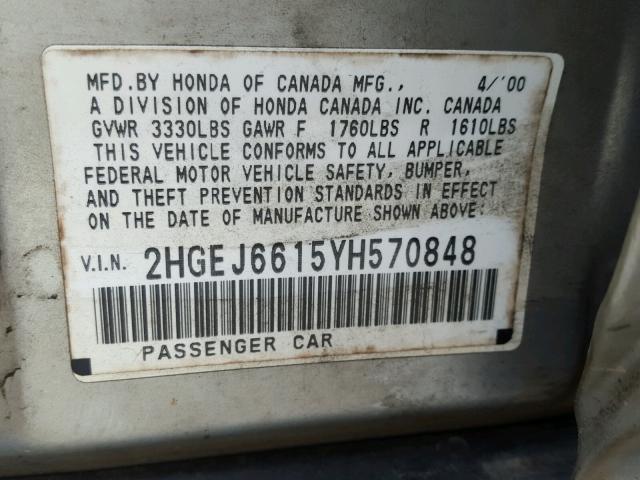 2HGEJ6615YH570848 - 2000 HONDA CIVIC BASE GOLD photo 10