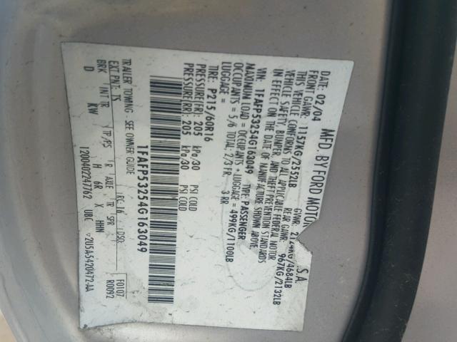 1FAFP53254G163049 - 2004 FORD TAURUS SE SILVER photo 10