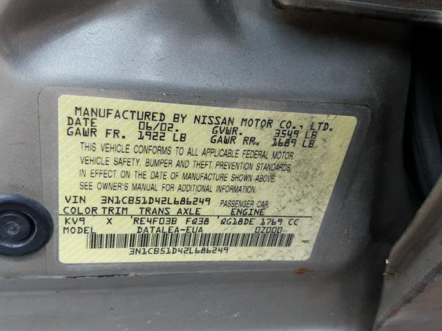 3N1CB51D42L686249 - 2002 NISSAN SENTRA XE GRAY photo 10