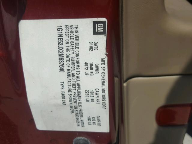 1G1NE52JX2M637640 - 2002 CHEVROLET MALIBU LS მუქწითელი ფოტო 10