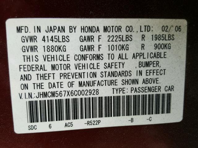 JHMCM567X6C002928 - 2006 HONDA ACCORD EX MAROON photo 10