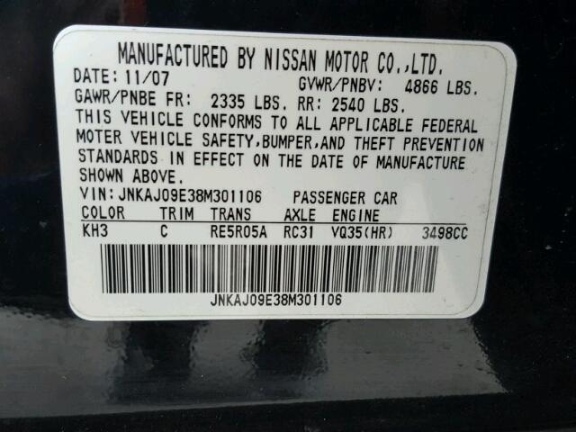 JNKAJ09E38M301106 - 2008 INFINITI EX35 BASE BLACK photo 10