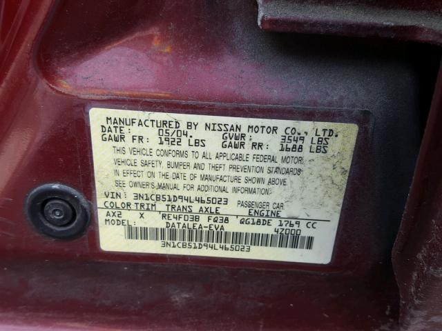 3N1CB51D94L465023 - 2004 NISSAN SENTRA 1.8 BURGUNDY photo 10