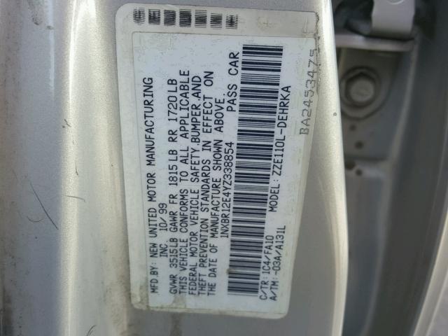 1NXBR12E4YZ338854 - 2000 TOYOTA COROLLA VE SILVER photo 10