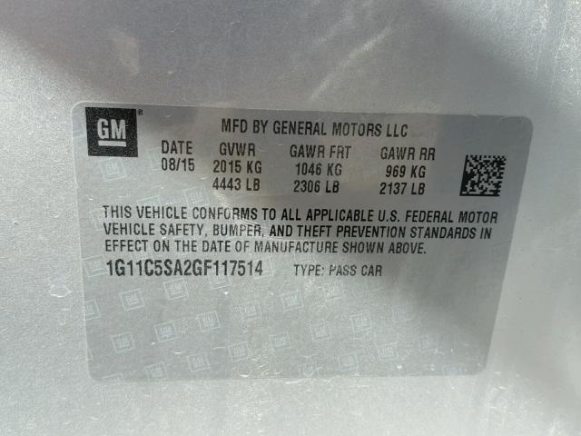 1G11C5SA2GF117514 - 2016 CHEVROLET MALIBU LIM 银色 照片 10