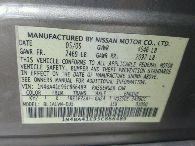 1N4BA41E95C866489 - 2005 NISSAN MAXIMA SE GRAY photo 10