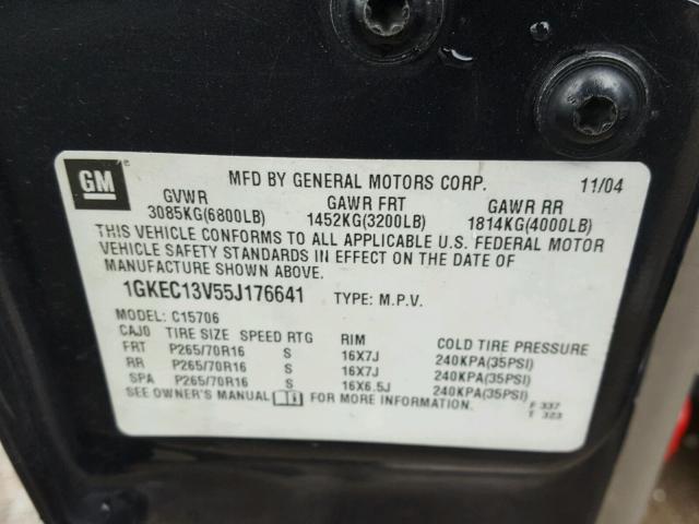 1GKEC13V55J176641 - 2005 GMC YUKON CHARCOAL photo 10