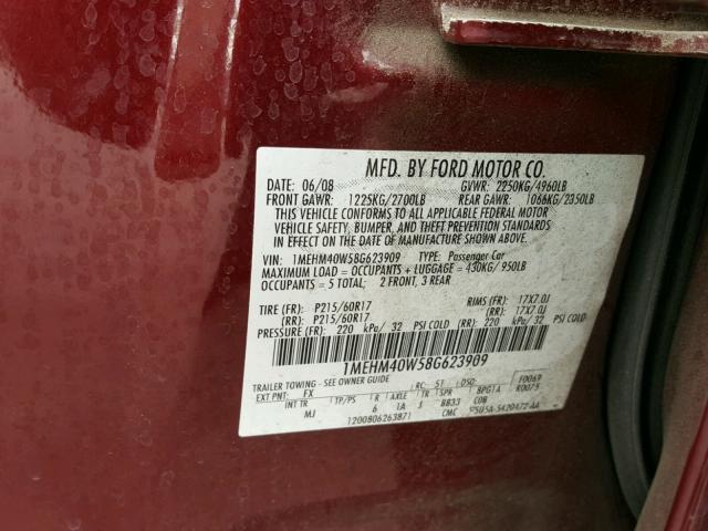 1MEHM40W58G623909 - 2008 MERCURY SABLE LUXU MAROON photo 10