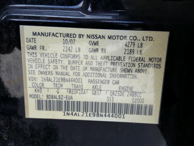 1N4AL21E98N444001 - 2008 NISSAN ALTIMA 2.5 BLACK photo 10