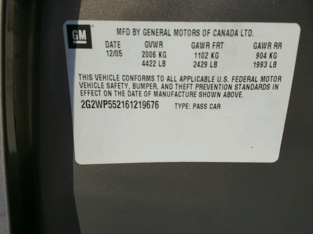 2G2WP552161219676 - 2006 PONTIAC GRAND PRIX 棕色 照片 10