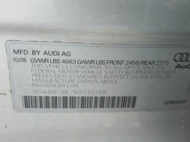 WAUAF78E76A132149 - 2006 AUDI A4 2 GRAY photo 10