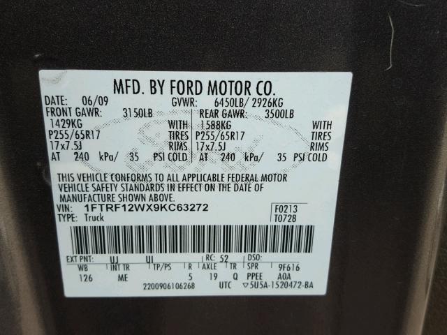 1FTRF12WX9KC63272 - 2009 FORD F150 GRAY photo 10