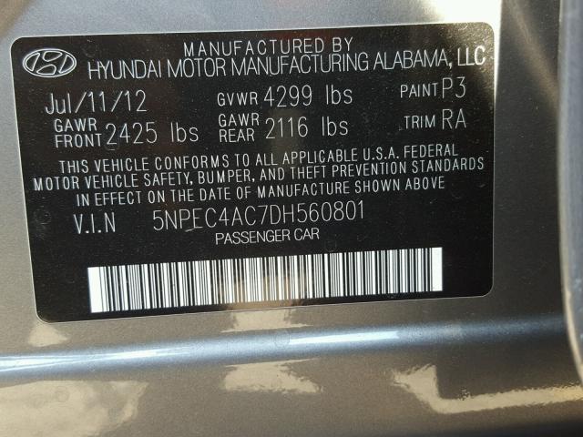 5NPEC4AC7DH560801 - 2013 HYUNDAI SONATA SE GRAY photo 10