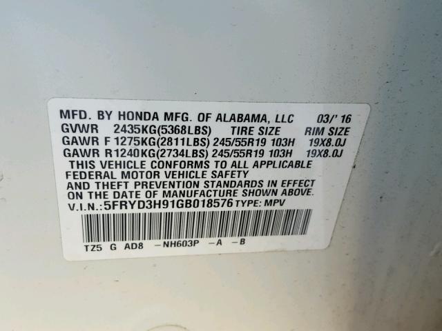 5FRYD3H91GB018576 - 2016 ACURA MDX ADVANC WHITE photo 10