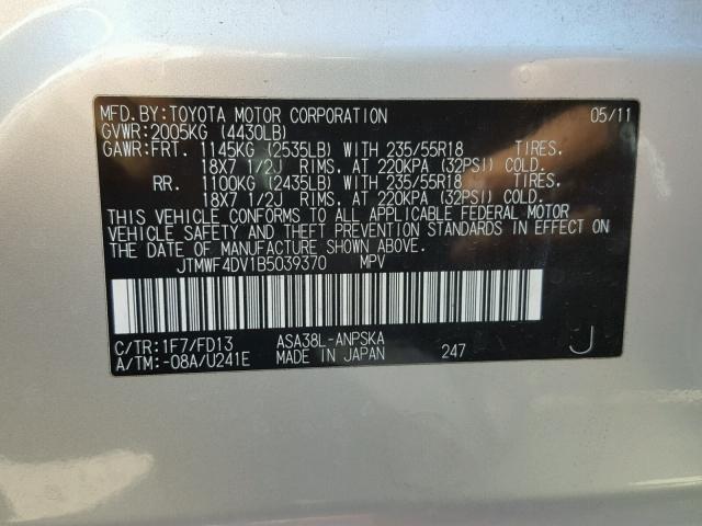 JTMWF4DV1B5039370 - 2011 TOYOTA RAV4 SPORT SILVER photo 10